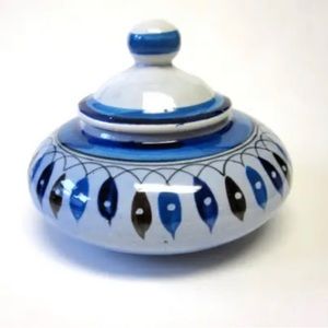 Vintage Mexican Pottery Blue Bowl Pot with Lid Signed by Artist